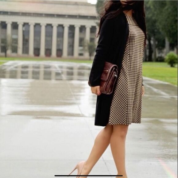 J. JILL Dress | Ponte Gingham | Camel Tan Black Checkered | Size Small - Picture 2 of 9